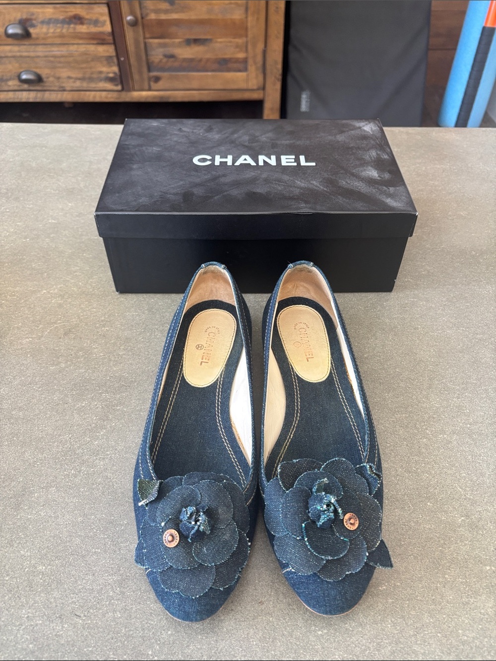 CHANEL Dark Blue Denim Camellia Ballet Flats